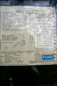 Window sticker showing Corporate Yellow paint instead of Sunlit Gold. Note that this is a reproduction sticker though, not a Ford original.